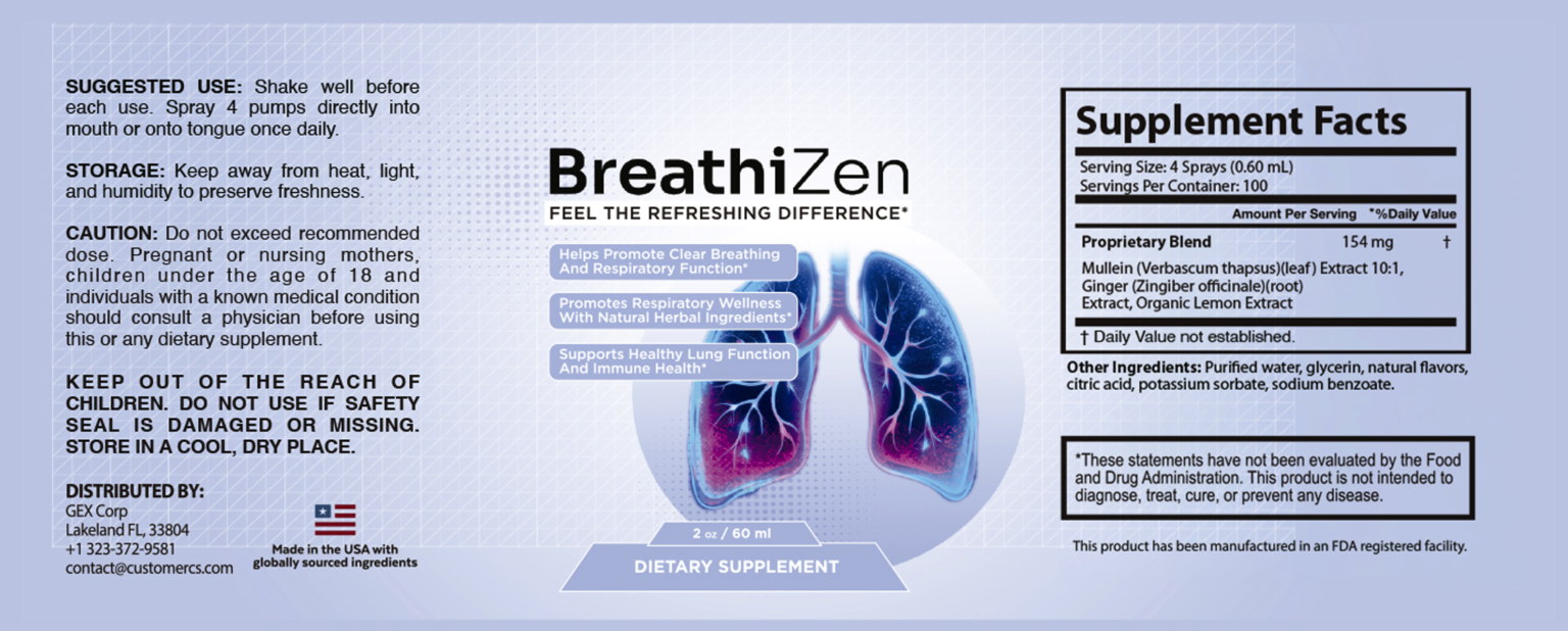 Breathizen Supplement Facts label: Potato Botanical Compounds, Respiratory Blend and Chicory Root Botanical